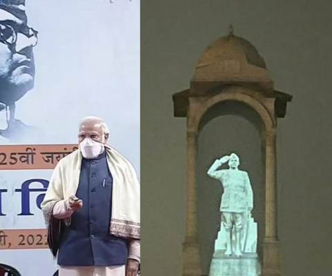 Prime Minister Narendra Modi unveils hologram statue of Netaji Subhas Chandra Bose at India Gate